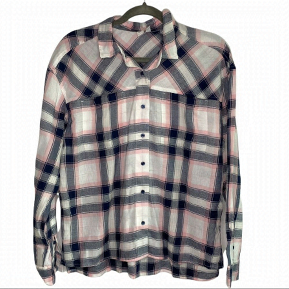 BP flannel long sleeve button front top blue pink - Picture 1 of 5